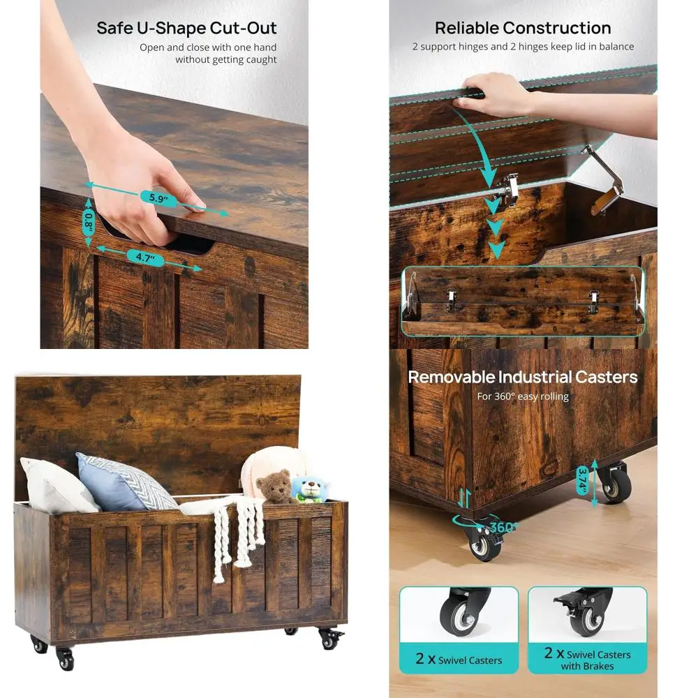 Rustic Brown Wooden Storage Bench, 39.4 with 4 Wheels & 2 Hinges, Supports 300 lbs, for Home Décor