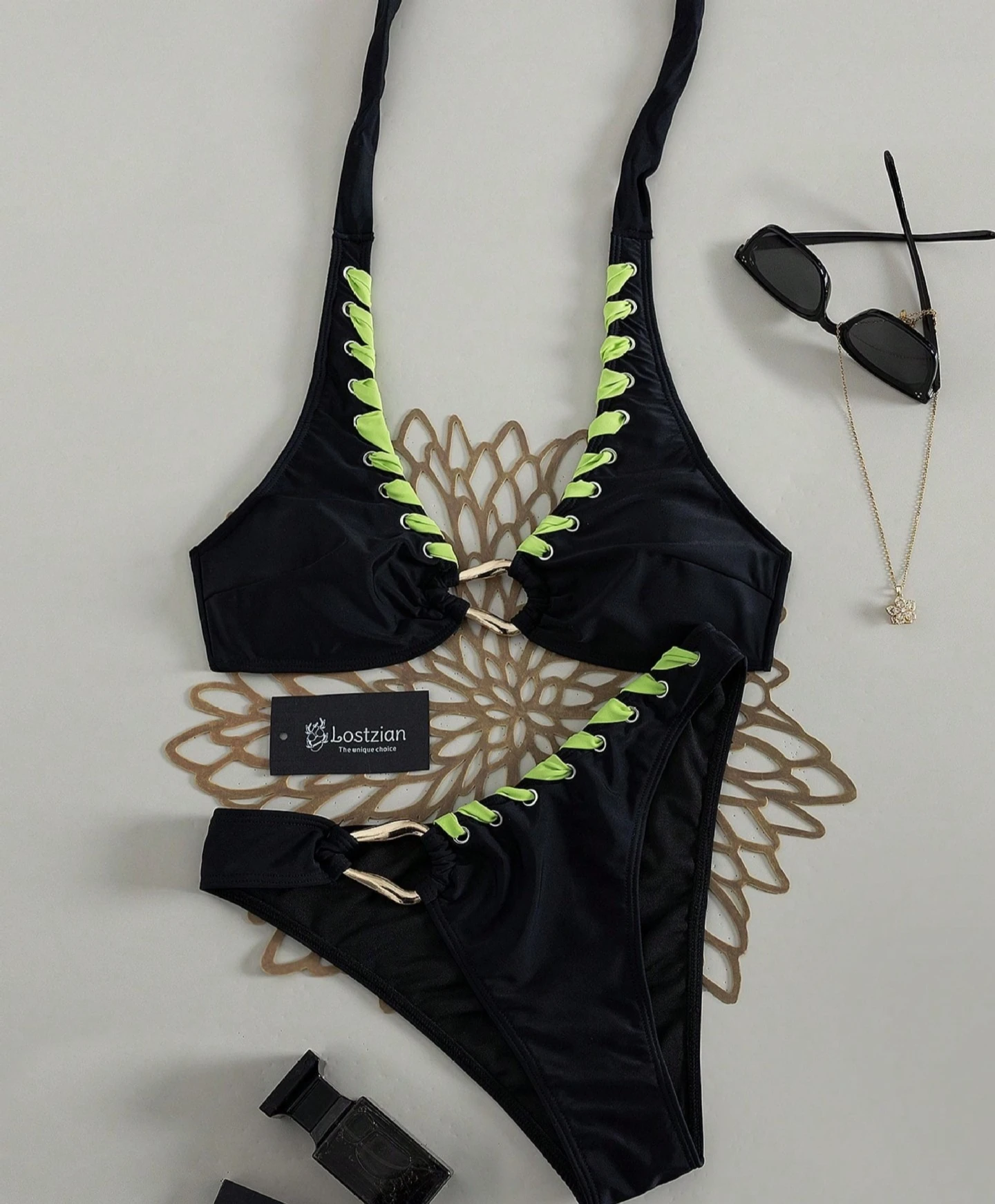 Women Contrast Stitching Bikini Set Halter Metal O‑Ring High‑Cut Swimwears 2 Piece Swimsuit Summer Beach Bathing Suit Biquini