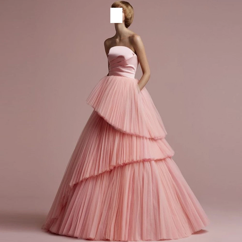 Elegant Luxury Evening Dress 2024 Boat Neck Sleeveless Tiered Zipper Back Chiffon Tulle Pink Floor Length Bespoke Occasion Gowns