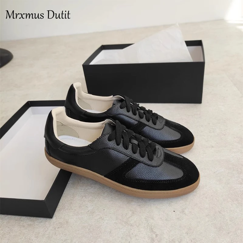 Mrxmus Dutit 2024 New Women Genuine Leather Splice Lacing Flats Shoes Casual Simple All-match Moral Training Shoes Chic Sneaker