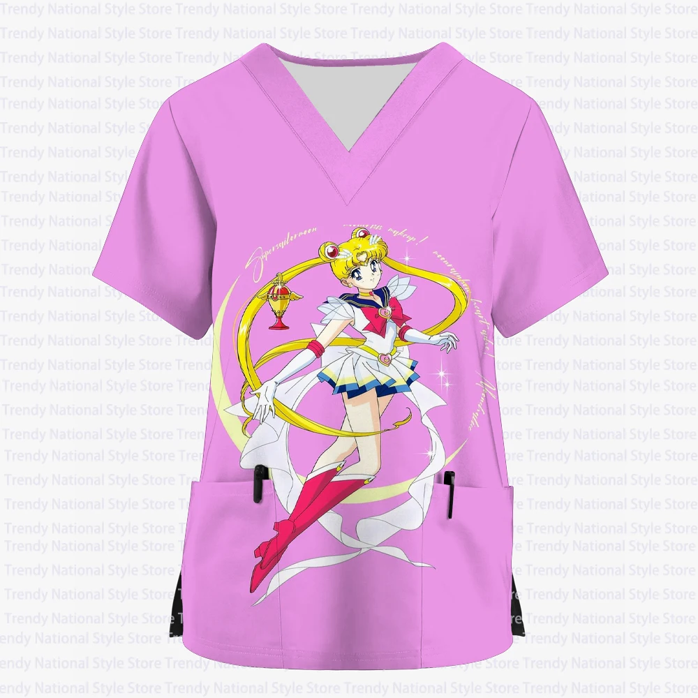 2025 Nuova Estate Del Fumetto Sailor Moon Infermiera delle Donne Uniforme Con Scollo A V Tasca Stampata Top Smerigliato Uniforme Da Lavoro Ospedale T-shirt