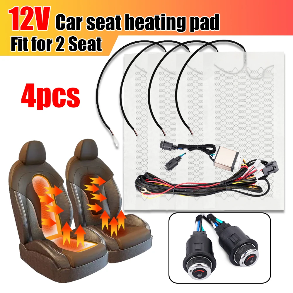 Car Seat Built-in Heater Fit 2 Seats 12V Carbon Fiber Seat Heating Pad High/low Temperature Adjustable Round Switch Controller