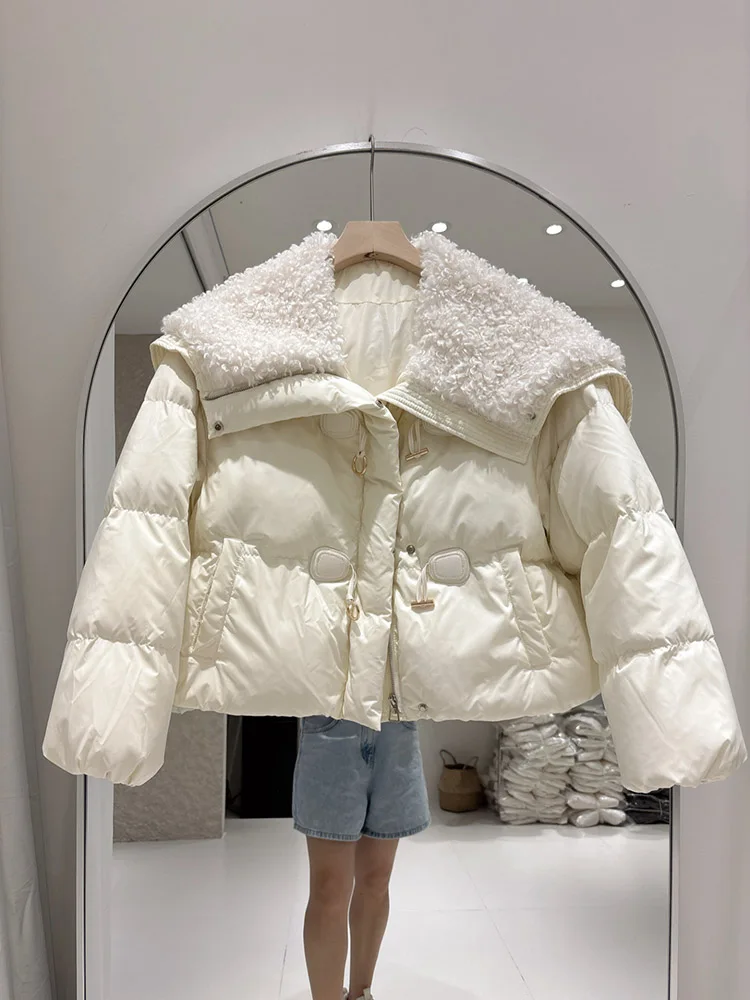 Winter new lamb down jacket women's short style cow horn buckle fashionable versatile white duck down splicing jacket