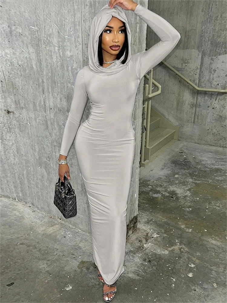 Simenual Solid Casual Hooded Long Sleeve Maxi Dress Fashion Elegant Women Hem Split Bodycon Dresses Y2K Basic Trim Streetwear