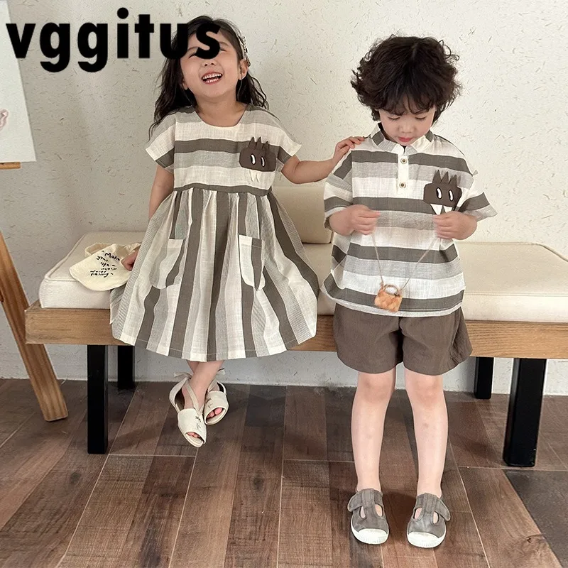 

Children's New Summer Boys Girl Matching Sets Stripe Casual Dress/Loose Shirts Shorts Sister Brother Outwear Outfits H0300