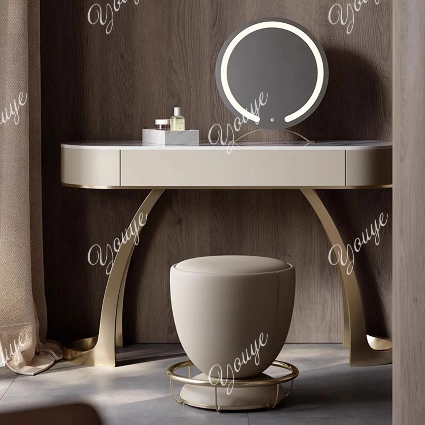 

Italian light luxury rock slab makeup table household bedroom simple modern advanced dressing table stainless steel