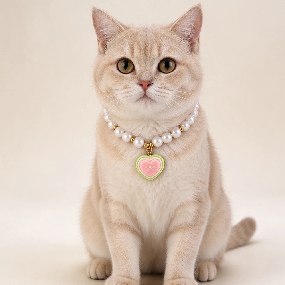 1pcs Pet Hearts Star Necklace Pink Green Cute Pet Collar Pearl with Plastic Bead Jewelry Decor for Small Cat Dog Puppy Pet Rope