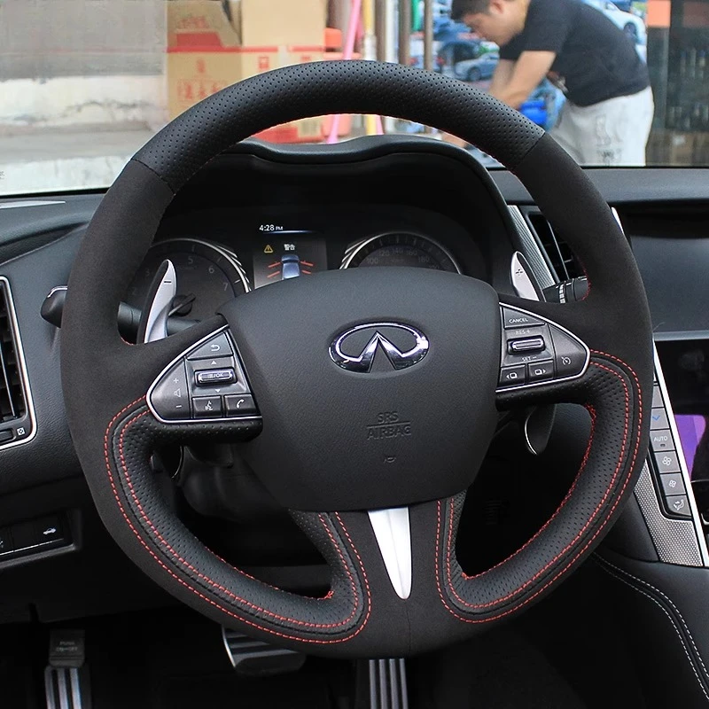 

Для Infiniti Q50 Q50L 201-2017 QX50 2015-2017 прошитый вручную черный замшевый нескользящий чехол на руль автомобиля из натуральной кожи