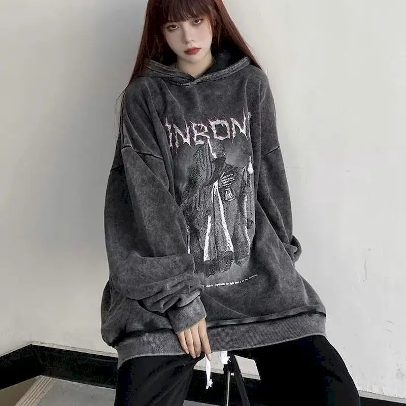 High Street Hoodies Women Autumn Winter Retro Dark Devil Print Hooded Sweatshirt Washed Hip-hop Pullover Loose Hooded Coats