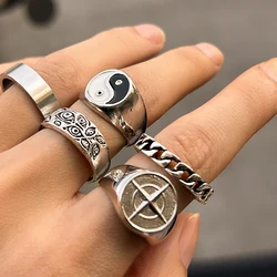 KunJoe 5pcs/set Punk Geometry Carved Tai Chi Rings for Men Simple Silver Color Adjustable Opening Rings Set Hip Hop