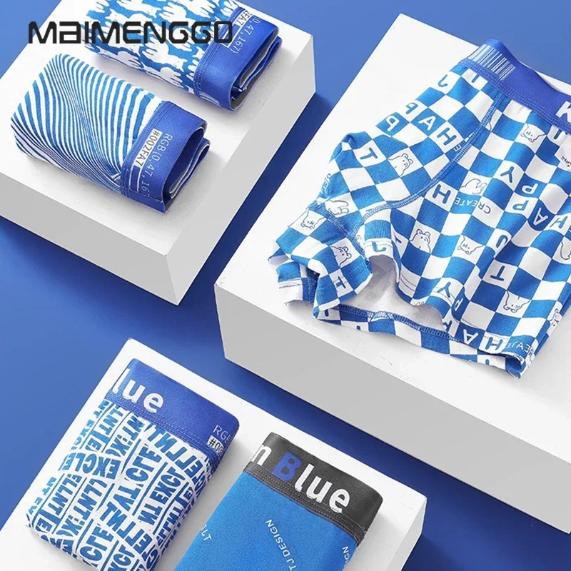 Men\'s Underwear Blue Design sense checkered stripes Personalized Printed Pure Cotton Flat Corner Panties Antibacterial Underwear