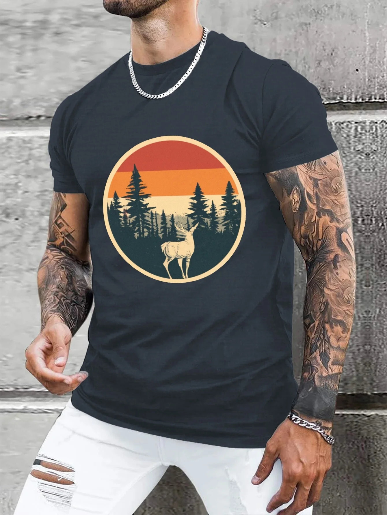 Retro Forest And Deer Print Men\'s T-shirt For Summer Outdoor, Casual Male Clothing, Gift For Men