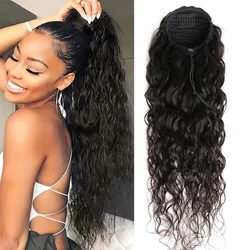 Water Wave Ponytail Wrap Around Ponytail 22 24 26inches Brazilian Human Hair Drawstring Ponytail #1B Clip In Ponytail Extensions