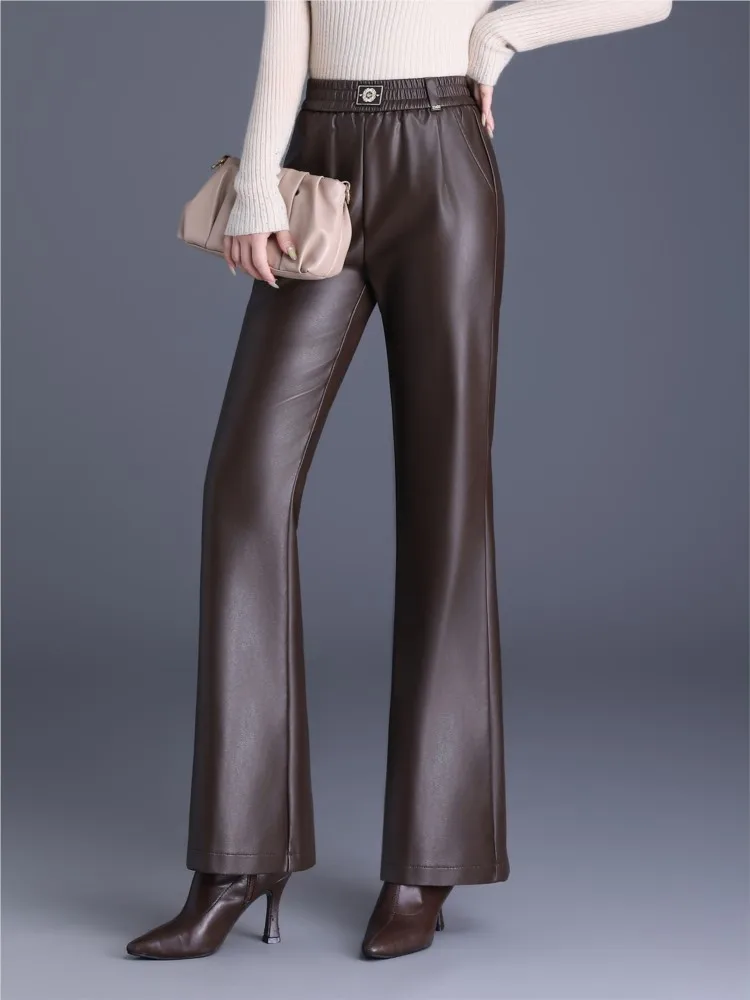 

ZUZK эластичная талия для похудения брюки-клеш из искусственной кожи новые женские модные брюки-клеш брюки из искусственной кожи модные теплые брюки