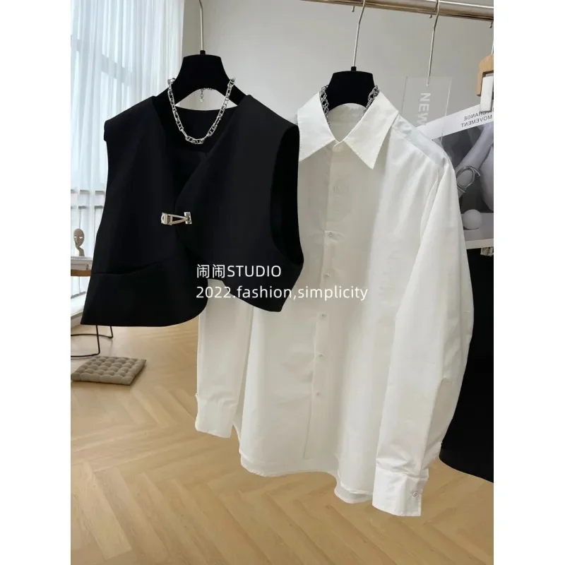 2023 Spring Summer New 300 Catties Long-Sleeved Shirt Vest Two-Piece Loose Korean Version of Thin Shirt Fashion All-in-one Suit