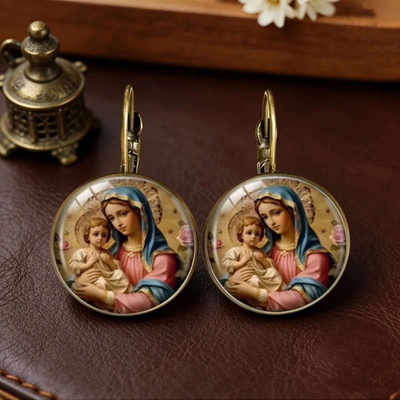 Blessed Virgin Mary Glass Cabochon Vintage Bronze Leverback Earrings For Women Catholic Religious Faith Jewelry Gift