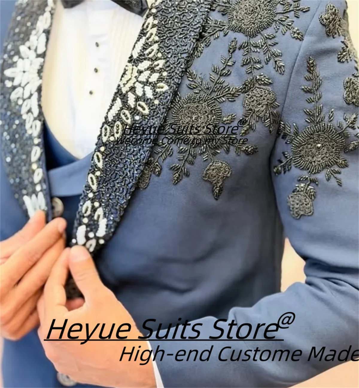 Customized Slim Fit Shawl Lapel Groom Wedding Tuxedos Shiny Flower Embroidery Luxuly Men Suits 3 Pieces Sets Male Party Blazers