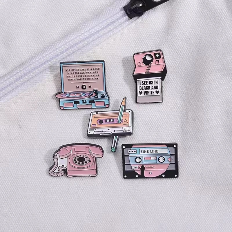 Camera Tape Enamel Pins Custom Tape Phone Gramophone Retro Brooches Lapel Badges Funny Jewelry Gifts Drop Shipping