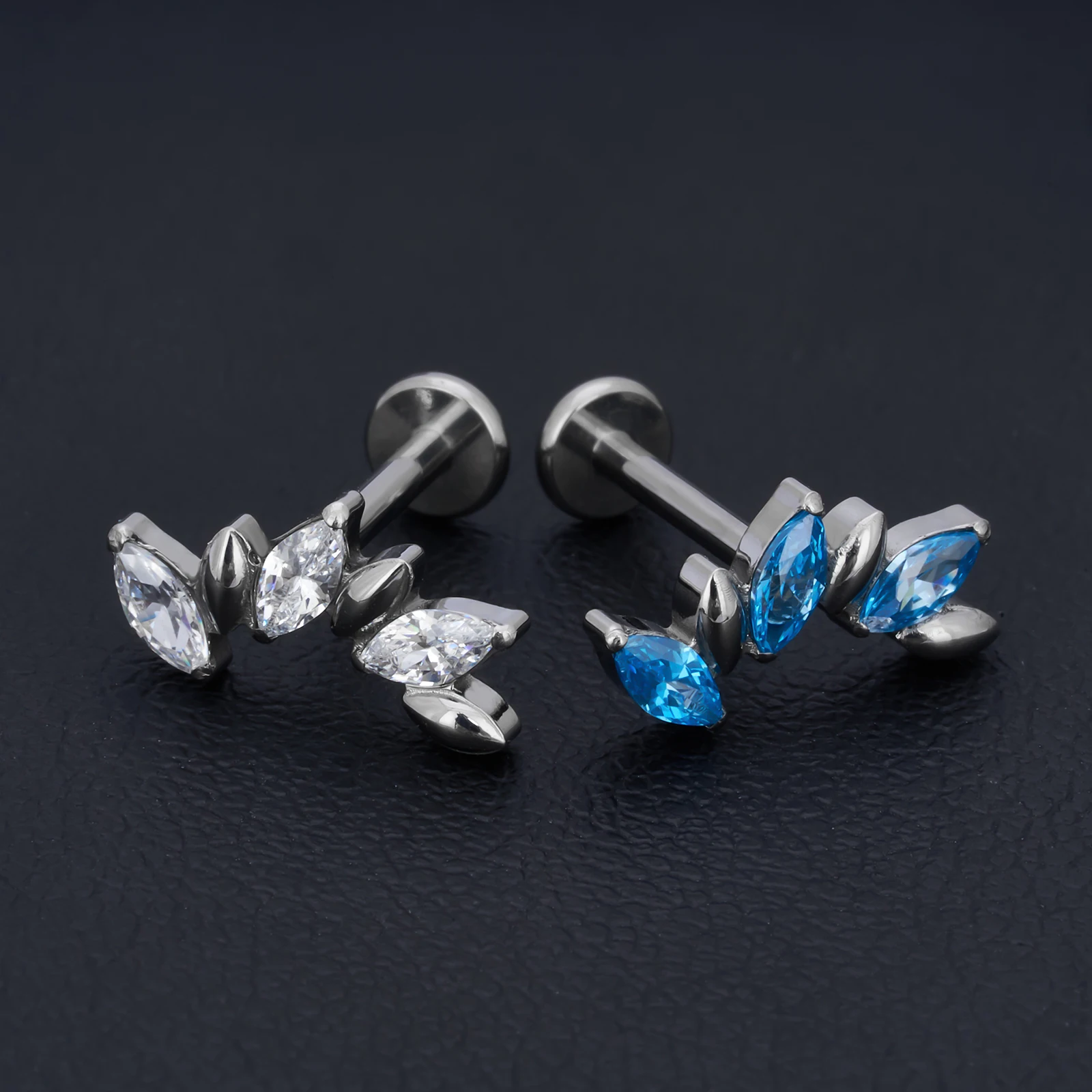 G23 Titanium Leaf Pattern Nose Studs Color Marquise CZ Paved Labret Lip Stud Ear Tragus Cartilage Conch Daith Piercing Jewelry