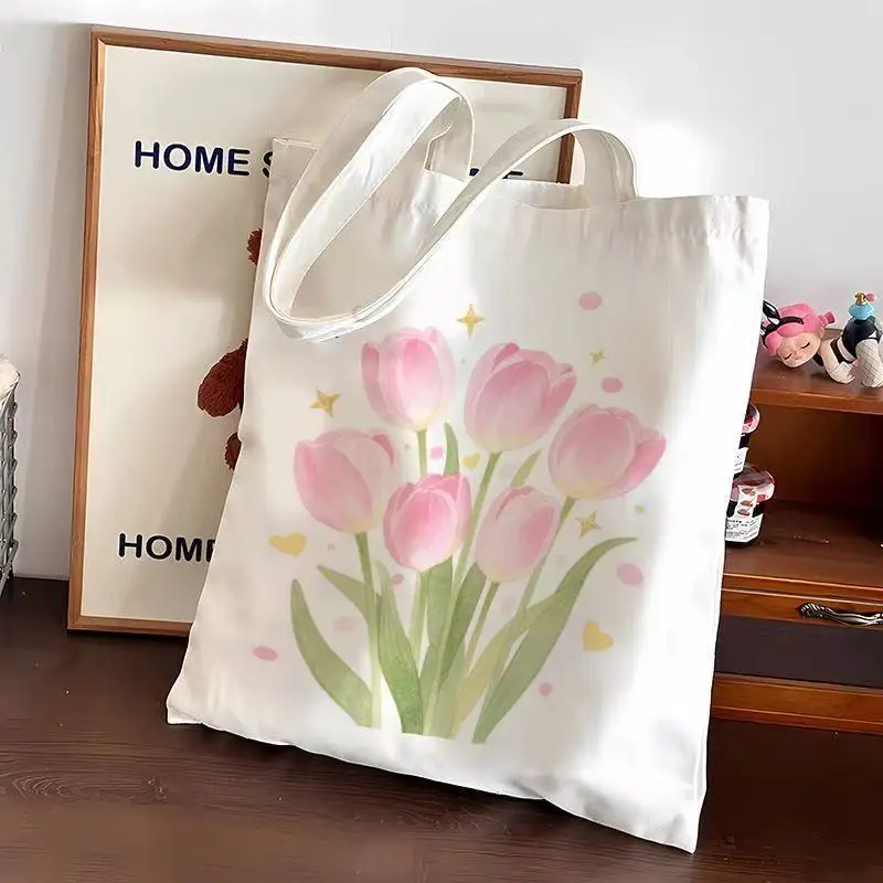 

Minimalist Spring Tulip Canvas Tote Bag Eco-Friendly Shoulder Bag for Aesthetic Fans Casual Use Grocery Shopping & Streetwear