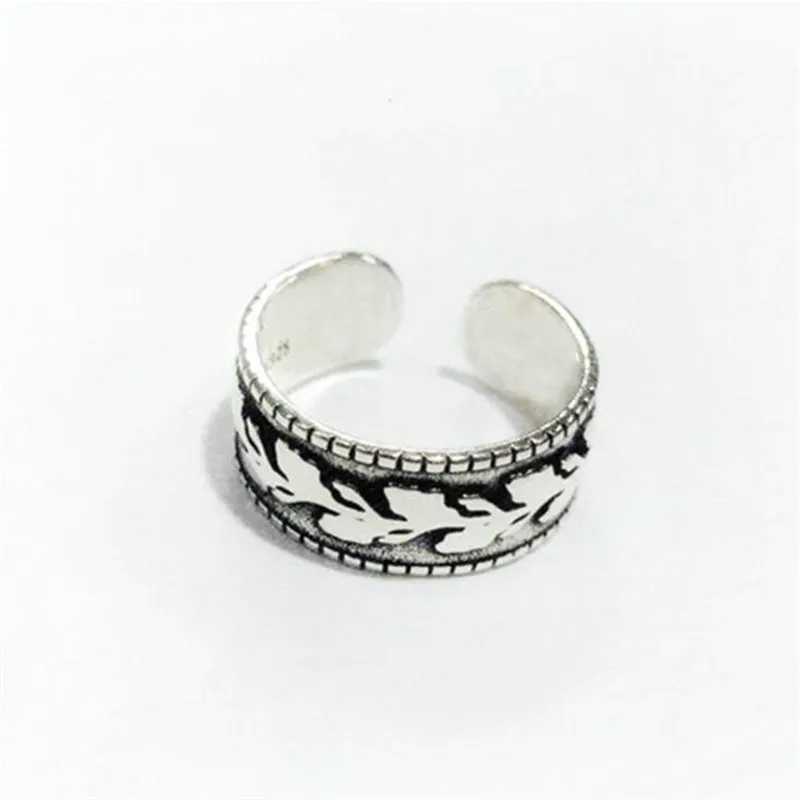 New Retro Jewelry Temperament Leaf 925 Sterling Silver Personality Wide Thai Silver Embossed Olive Leaf Opening Rings