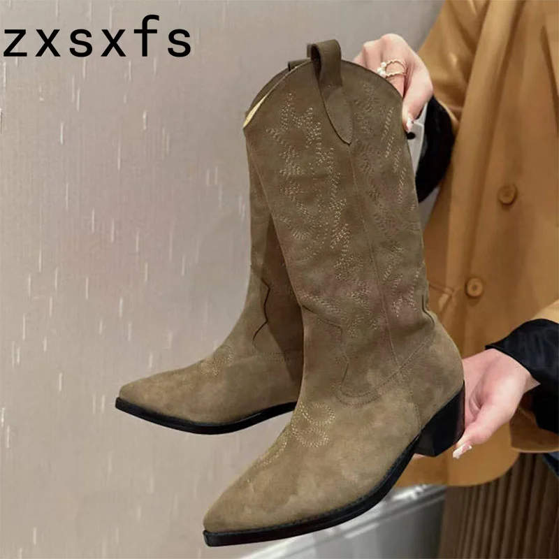 Classic Real Suede Mid calf Boots Women Embroidered Point toe Chunky Heel Long Boots Quality Winter Cowboy Knight Boots Female