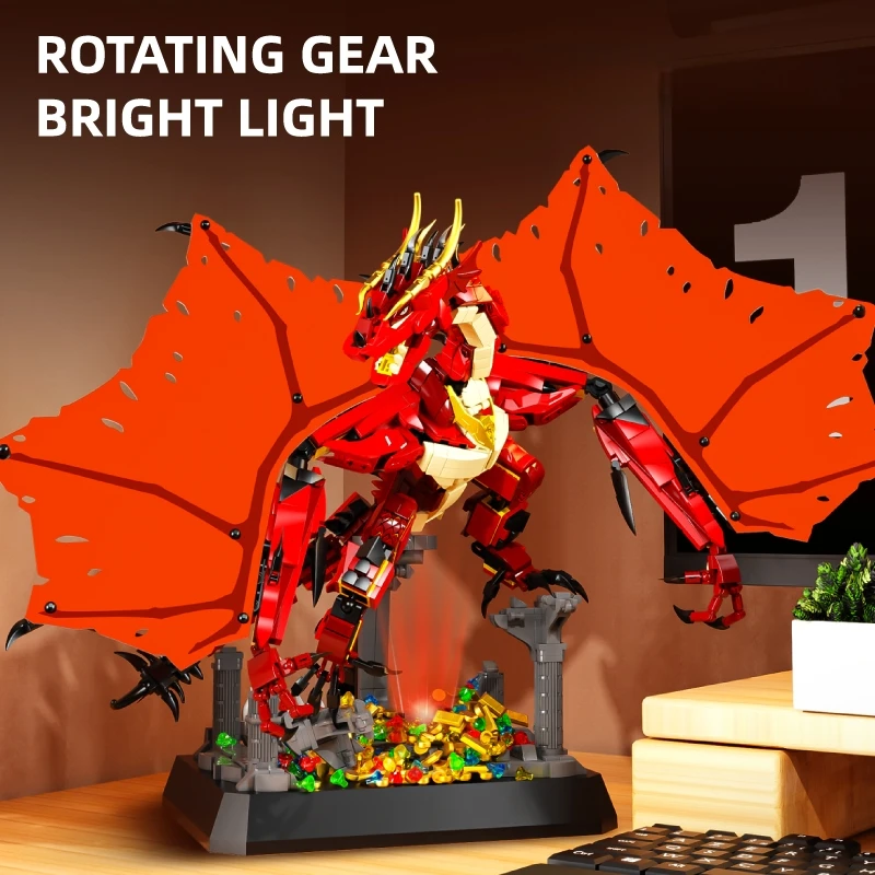 

Fire Dragon Building Kit LED Glowing Mythical Animal Model Creative Technical MOC Style Desktop Decoration Gift Idea