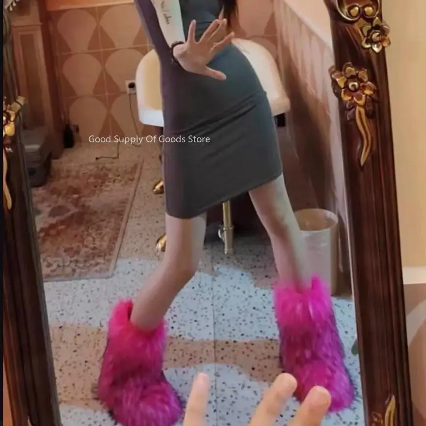 المرأة الشتاء رقيق فو الثعلب الفراء أحذية امرأة أفخم حذاء الثلج عالي الرقبة دافئ الأحذية الفاخرة الفتيات فروي الفراء Bottes موضة الشتاء الأحذية