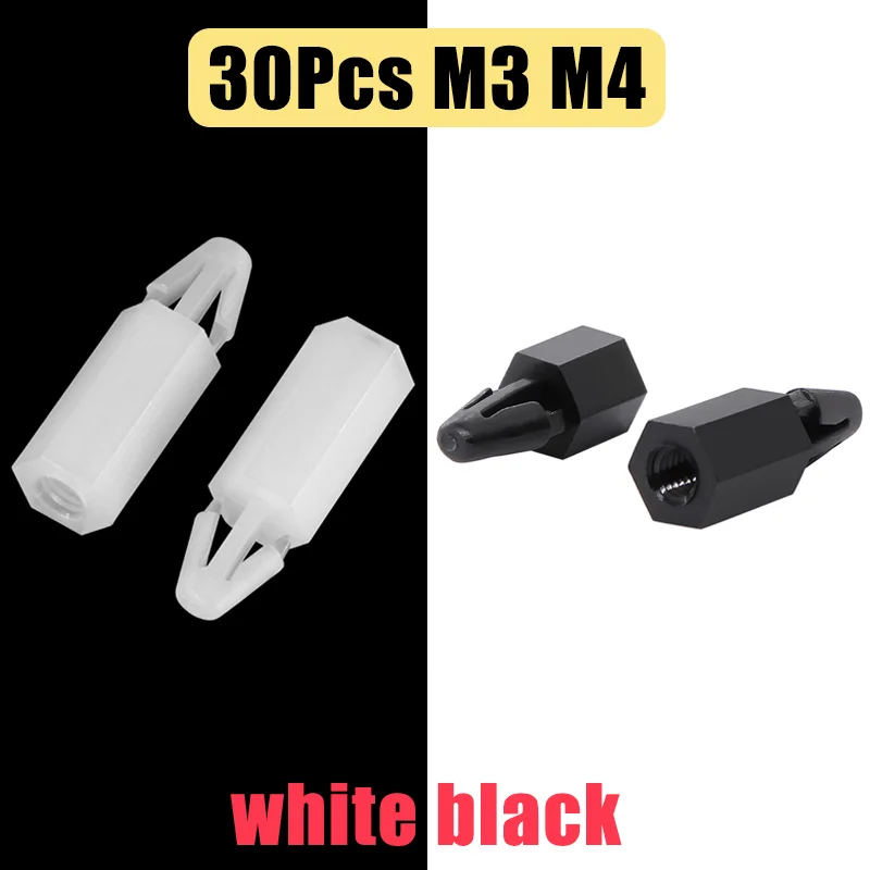 30Pcs M3 M4 Black/White Snap In Style Nylon Hex Standoff Spacer PCB Board Pillar Nylon Plastic Spacing Screws Length 5mm~30mm