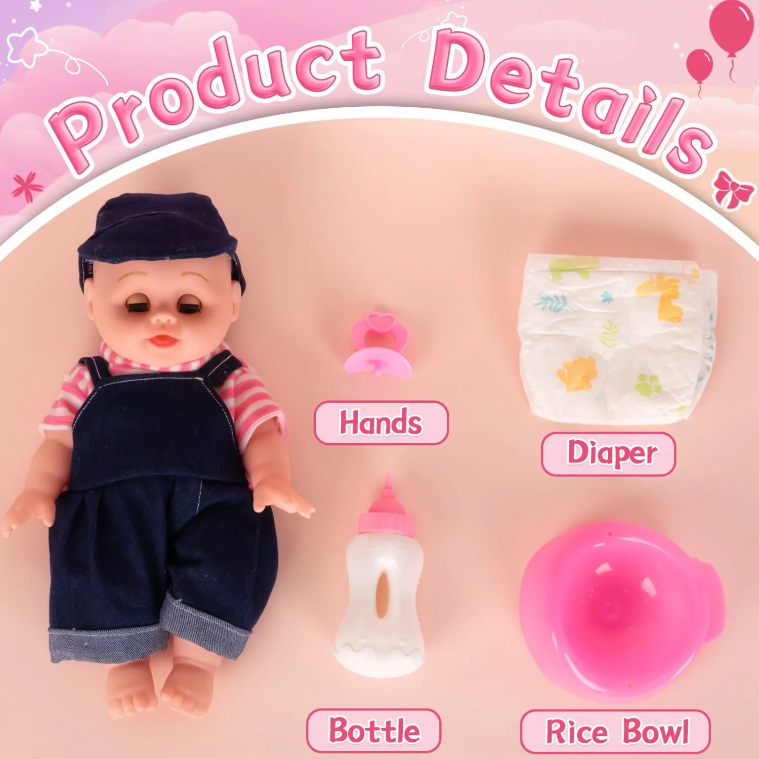 12인치 실물 같은 전신 아기 인형 |   파란색 작업복과 모자 |   젖병, 젖꼭지, 기저귀 포함 |   교육용 역할놀이 장난감
