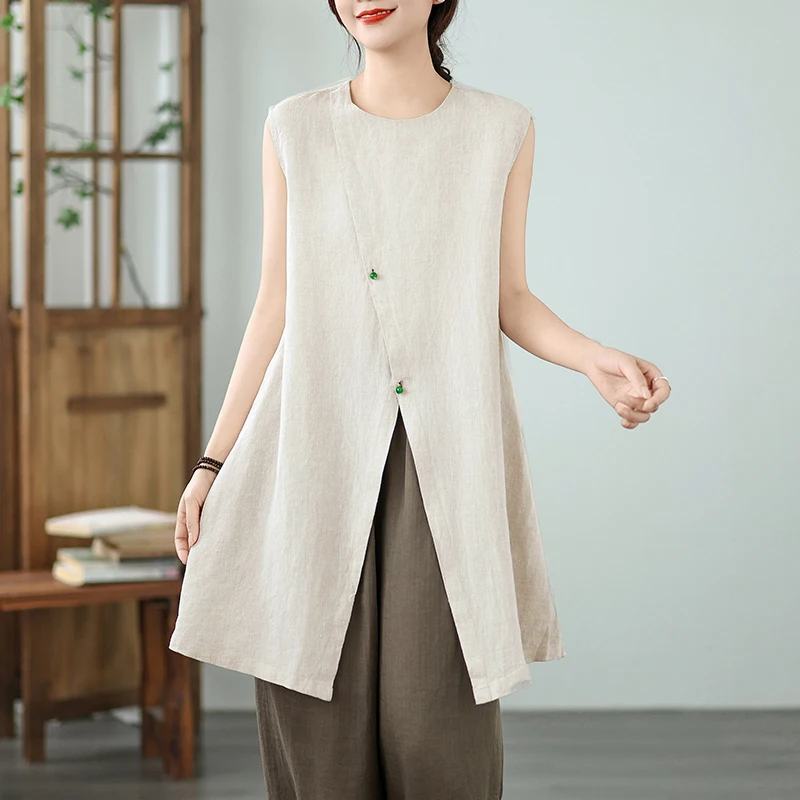 

Summer Cotton And Linen Long Shirt Women Blouses Casual Loose Pocket Irregular Sleeveless Shirt Female Clothing