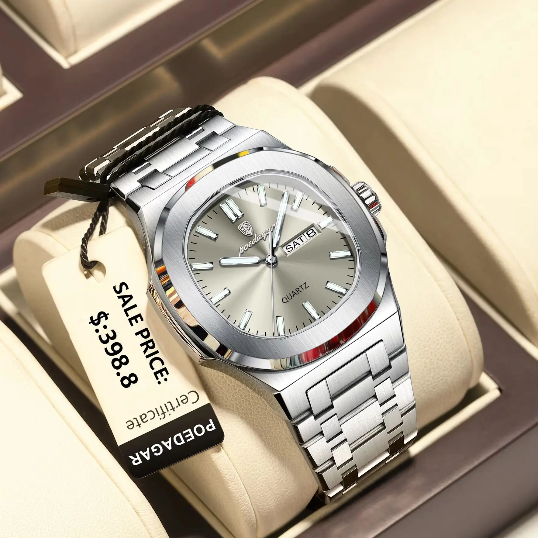 POEDAGAR Luxury Military Man Watch Square Waterproof Luminous Date Week Men Watch Stainless Steel Quartz Men's Watches Reloj+box