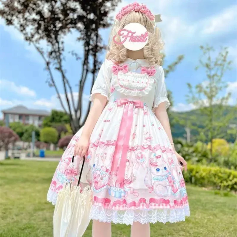 Dolce giapponese Lolita OP vestito estivo ragazze carino fiocco di pizzo fragola coniglietto tea party abiti donna Harajuku Kawaii Chic abiti