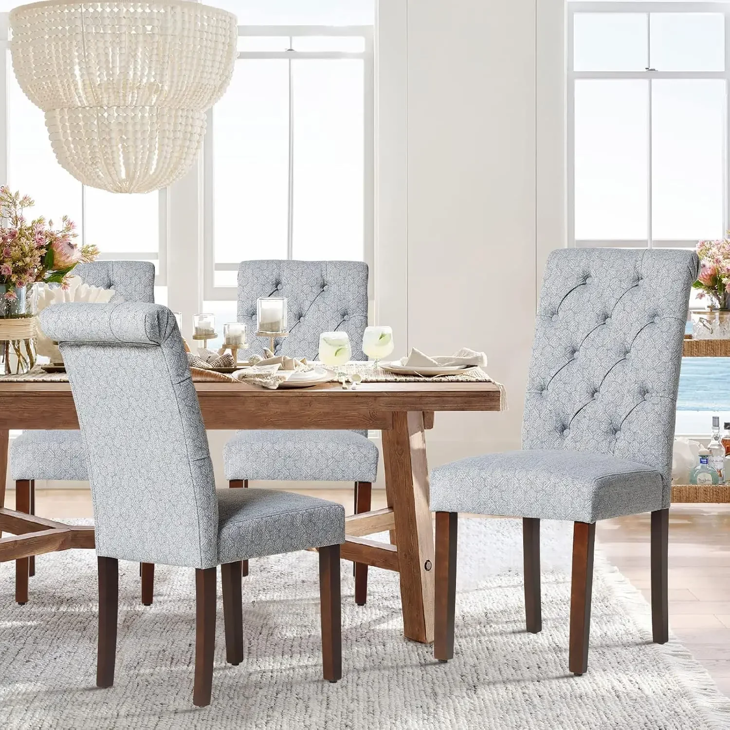 Button Tufted Dining Chairs Set of 6, Parsons Upholstered Fabric Dining Room Chairs Kitchen Chairs w/ Wood Legs & Padded Seat