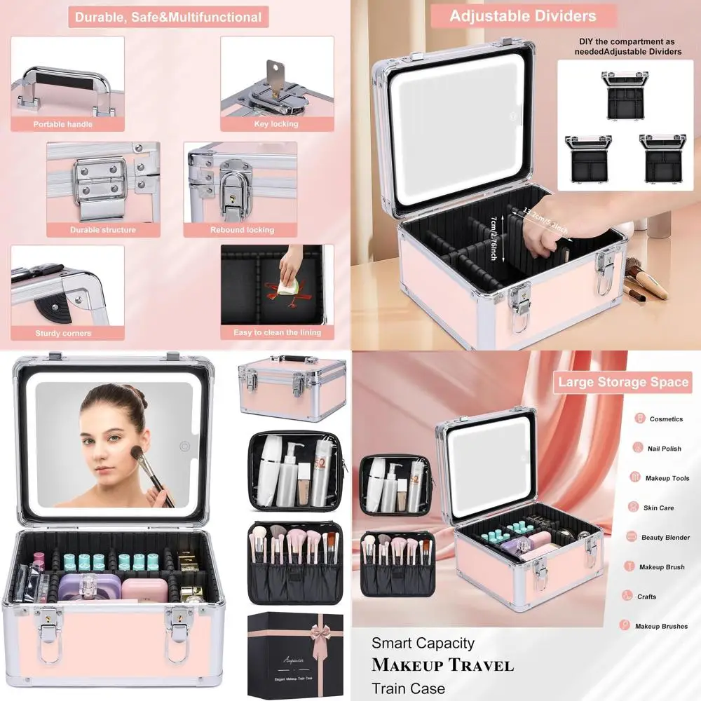 휴대용 메이크업 트레인 케이스, LED 거울, 조절 가능한 정리함, 뷰티 애호가를 위한 핑크색 수납 가방 포함