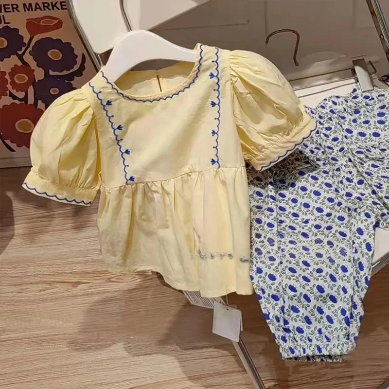 

Loose Casual All Match Trousers Solid Short Sleeve Blusa Two Piece Set Elegant Fashion Harajuku Slim Fit Children Clothes Sets