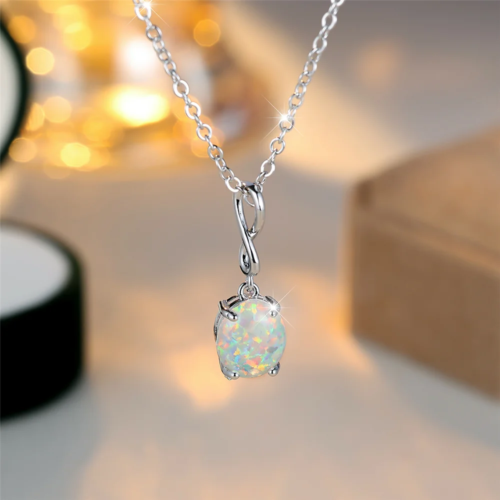 Female Crystal White Opal Stone Pendant Necklace Vintage Big Oval Silver Color Wedding Jewelry For Women