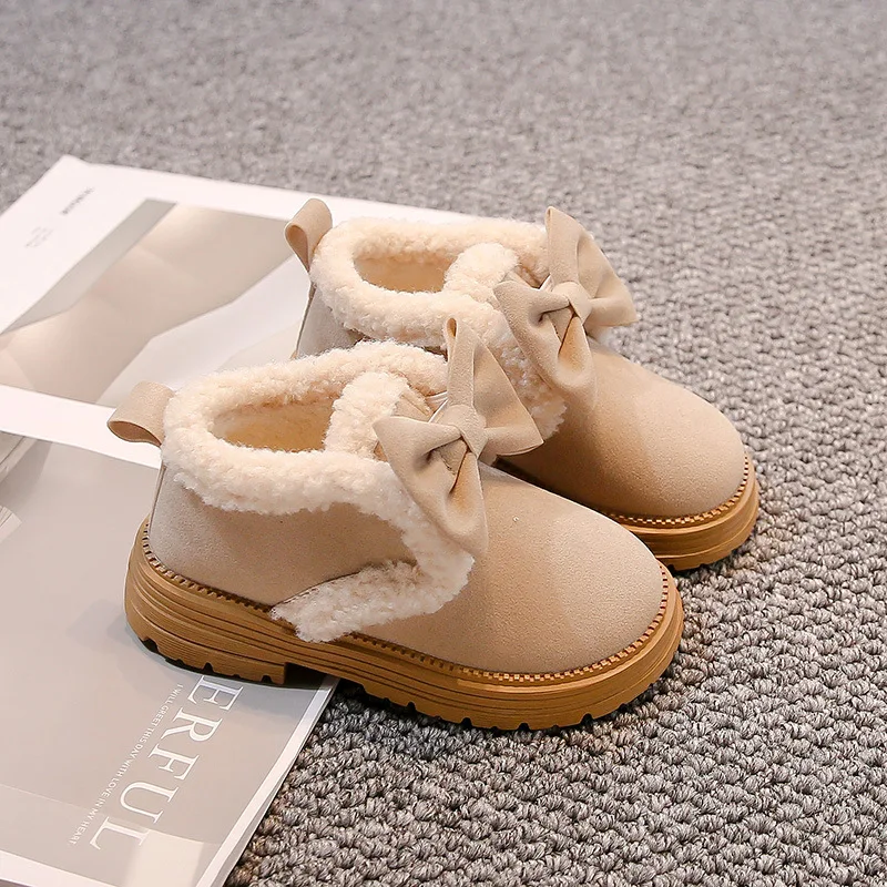 Girls' 2024 Winter New Fashionable Plush Boken Soft Bottom Hairy Cotton Boots Little Girls' Bow Western Princess Shoes