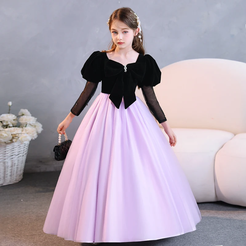 Girls dress velvet puff sleeves floor-length mesh long sleeve puffy tulle princess dress