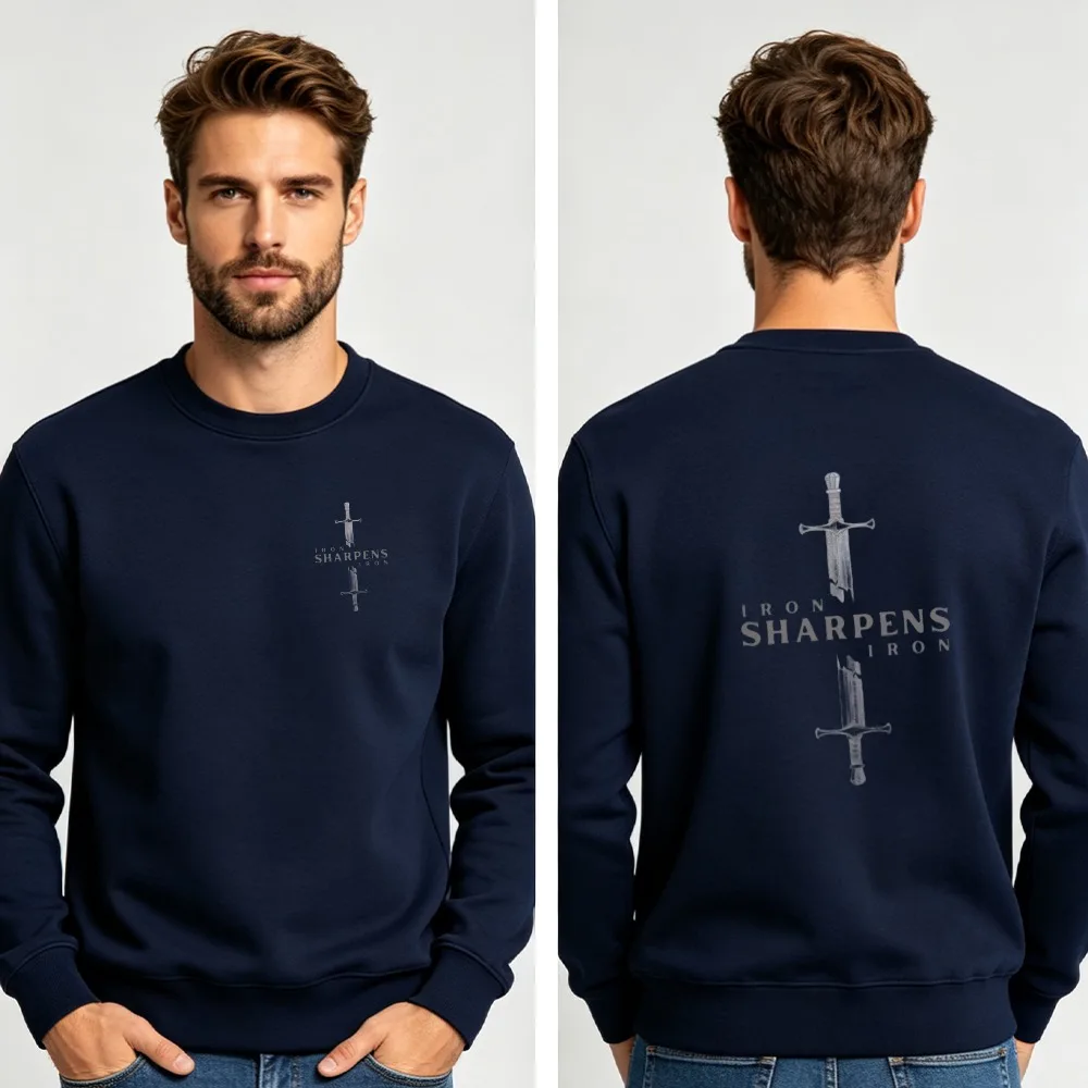 Iron Sharpens Iron Sword Cross Christian Crewneck Sweatshirt Double Sided Front Back Print Unisex Religious Faith Pullover Tops