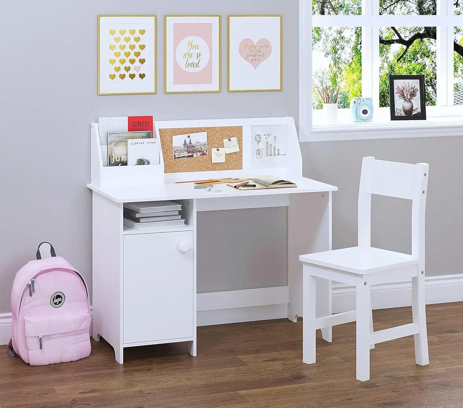 Kids Study Desk with Chair, Wooden Children School Study Table with Hutch and Chair for 3-8 Years Old