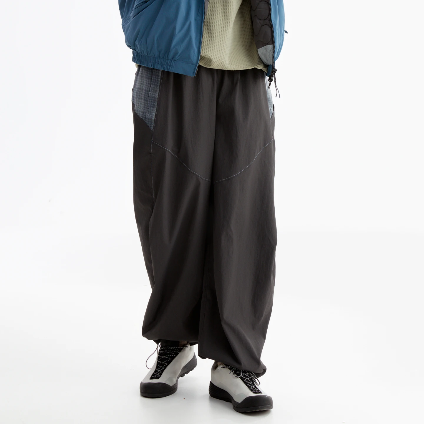 Unisex Shell Pants Plaid Spliced Waterproof Anti‑static Wide‑Leg Drawstring 2‑in‑1 Cargo Pants for Camping Hiking