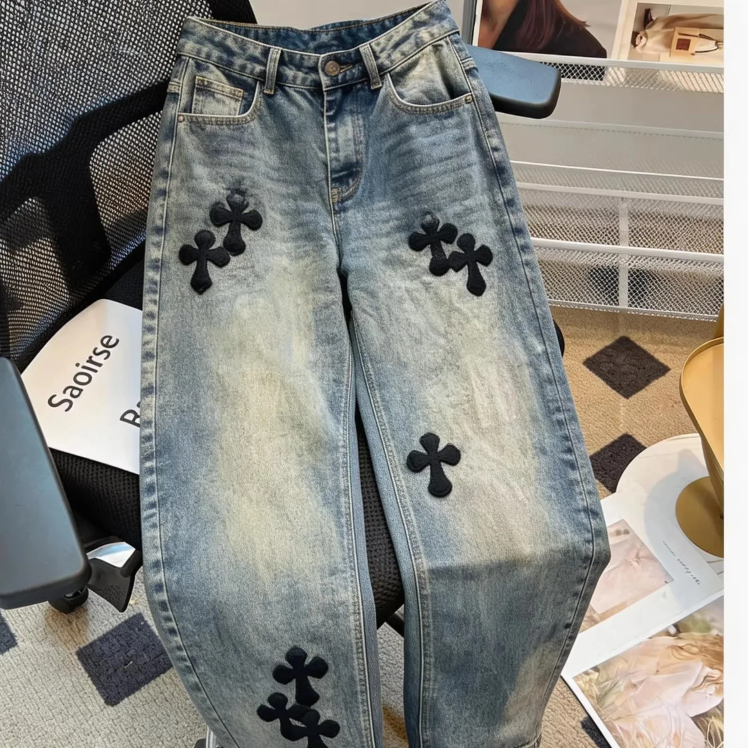 

Summer Men's Jeans Embroidered Leather Tag Straight Leg Casual Comfortable Polyester Fiber mid Waist Zipper Fly Daily Wear