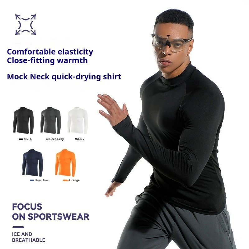 Men’s Autumn Winter Marathon Running Long Sleeve T-Shirt Quick Dry Thermal Base Layer with Mock Neck Stretch Fabric Thumb Holes