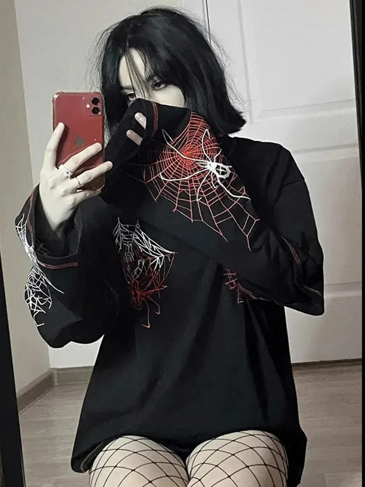 Camiseta gótica negra de calle de manga larga Y2k para mujer, camiseta con capucha a la moda, Harajuku de araña, ajustada, informal, para ir al trabajo, diseño americano