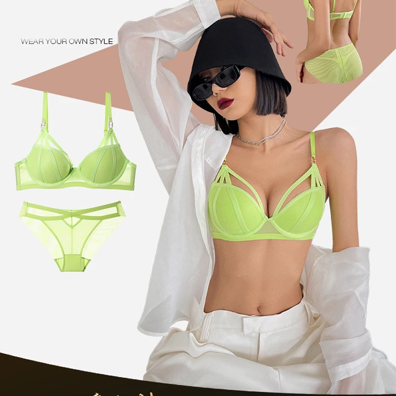 Fashion Women Underwear Set Sexy Lace Hollow Push Up Bra Set Classic Bandage Temptation Brassiere Fluorescent Green Lingerie