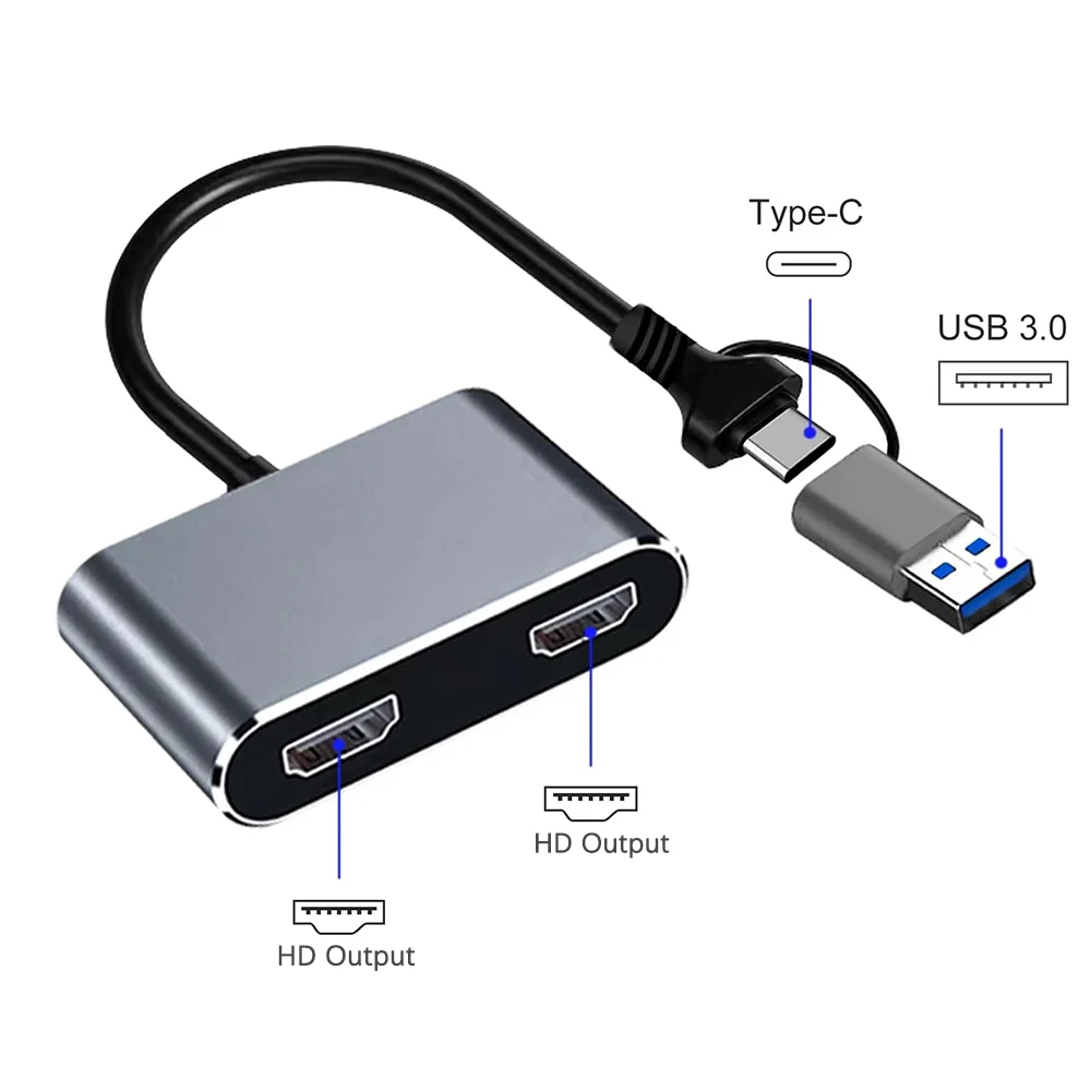 

USB 3.0 A Type-C to Dual HDTV Converter Two 1080P HD Display Same Screen Compatible for Windows PC Macbook Android Phone Tablet