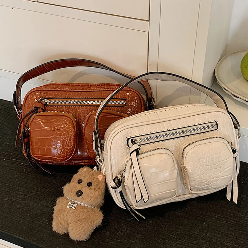 Retro Trendy Crocodile Texture Crossbody Bag Solid Color Versatile Multi-pocket Shoulder Bag Fashion Commuter Small Square Bag