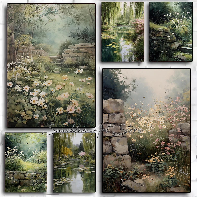 Affiche sur toile vintage de jardin tranquille européen avec nénuphars, saules, fleurs sauvages et mur en pierre, décoration murale