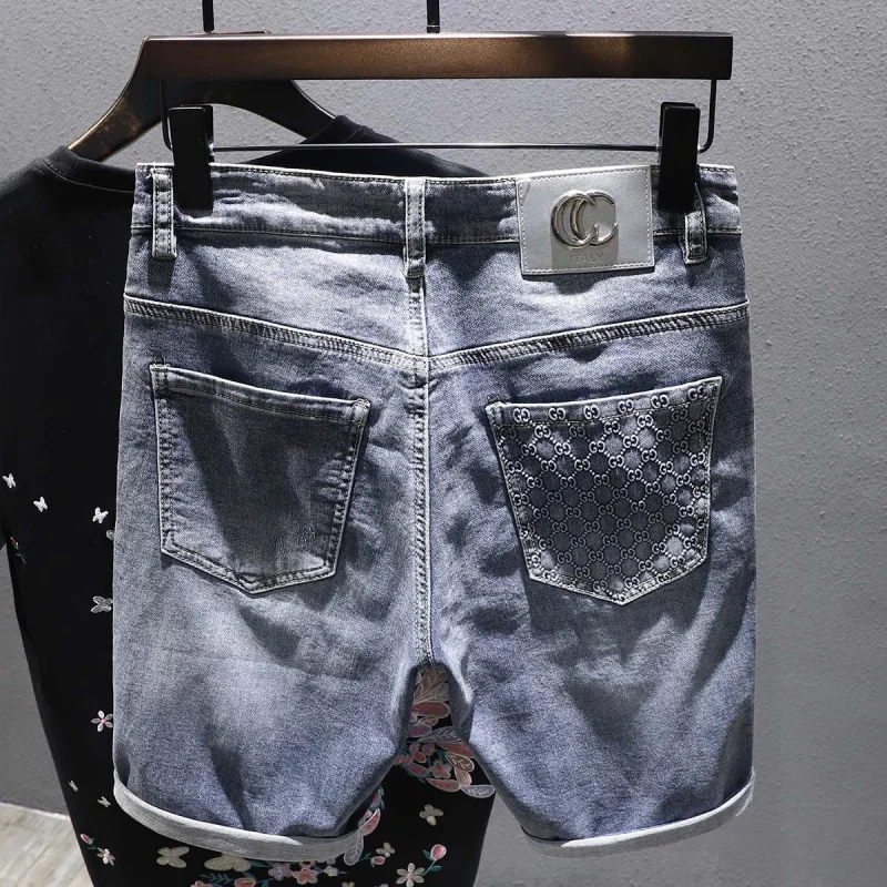 Summer blue jeans shorts men's luxury fashion high-end men's fashion casual all-match stretch slim beach denim pants